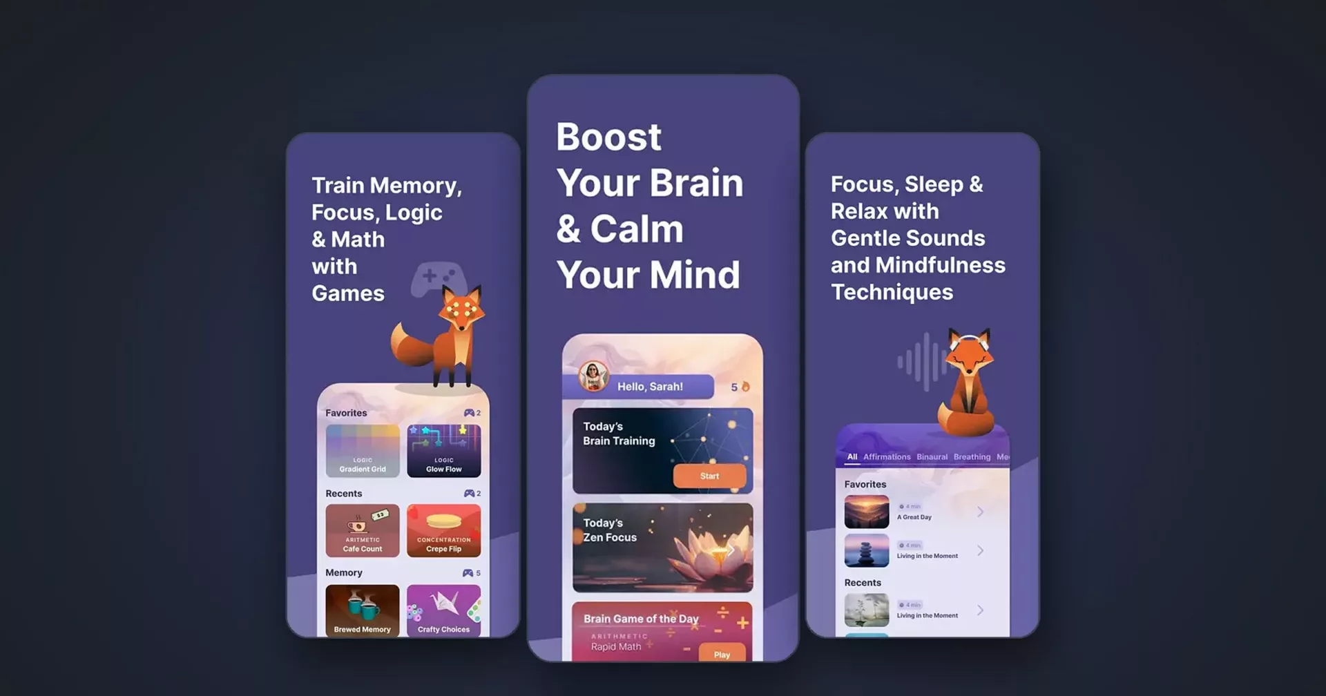 Cognitia app screens – brain games, daily training and relaxing sounds